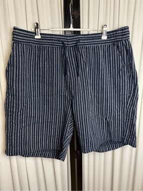 Men's Navy Blue Striped Flat-Front Cotton Shorts